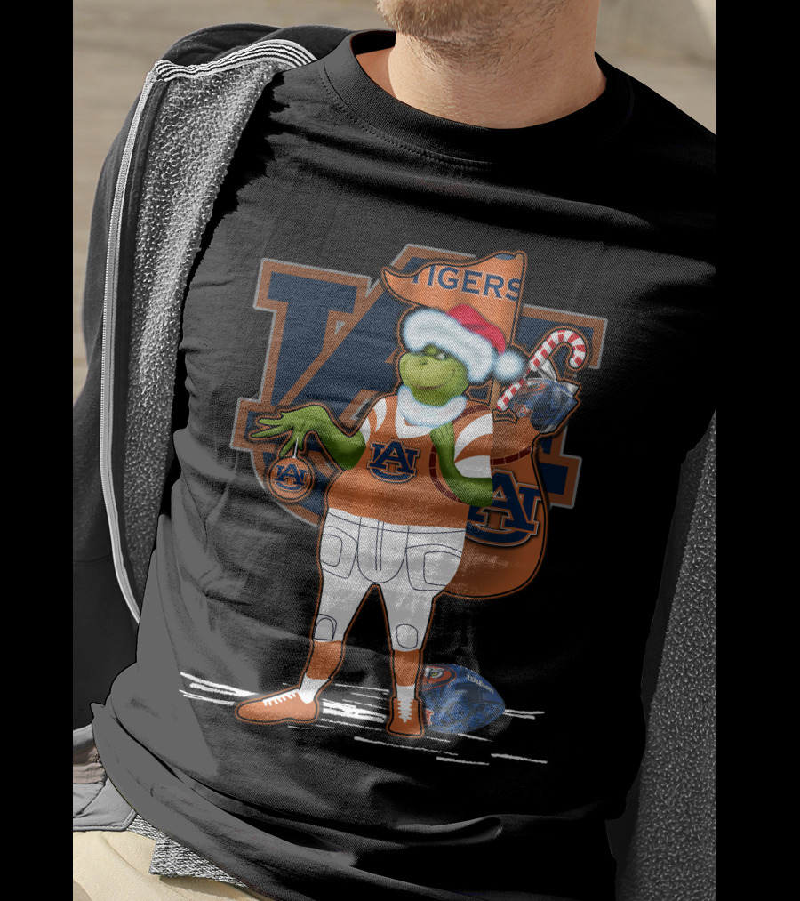 Grinch Christmas Auburn Tigers Football Santa Hat Candy Cane Sack T-Shirt
