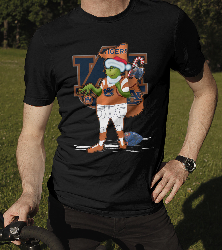 Grinch Christmas Auburn Tigers Football Santa Hat Candy Cane Sack T-Shirt