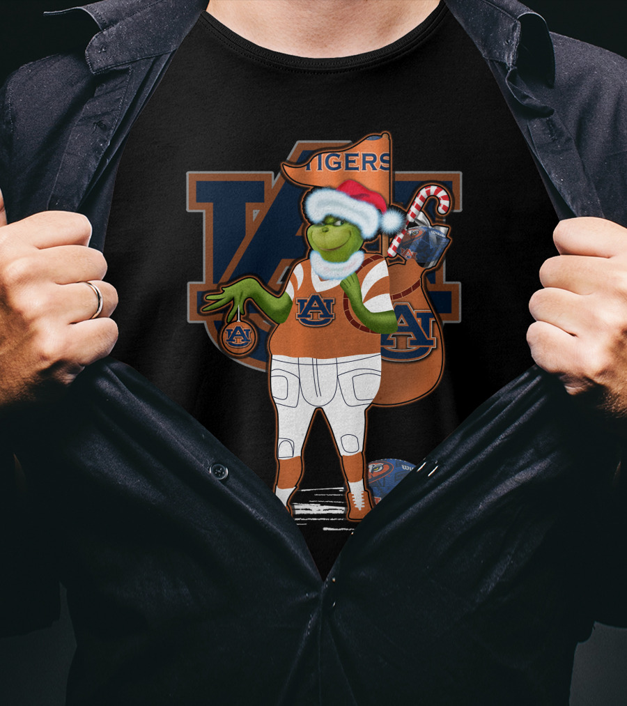 Grinch Christmas Auburn Tigers Football Santa Hat Candy Cane Sack T-Shirt