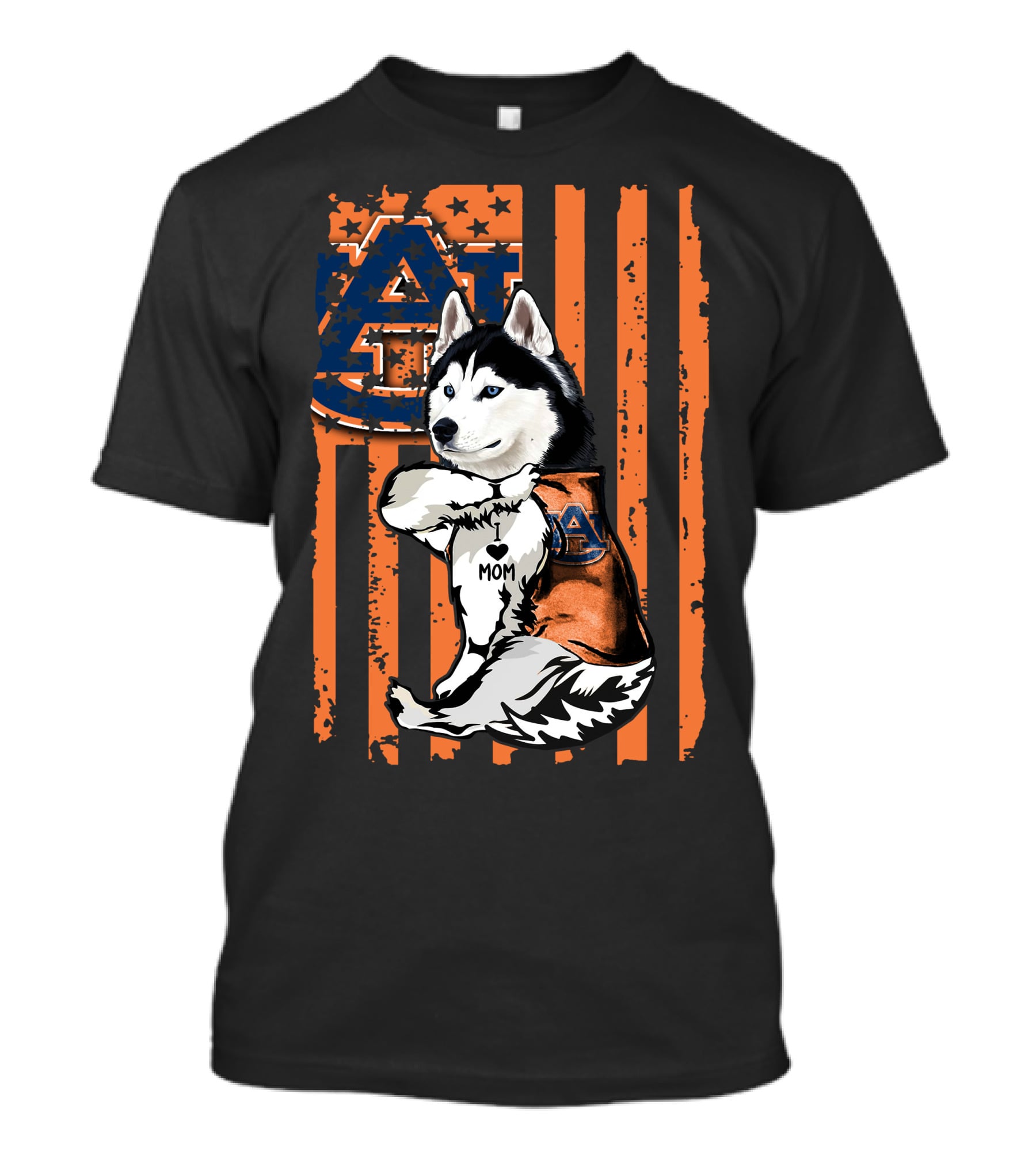 Siberian Husky Auburn Tigers Mom Heart Icon With Orange And Blue Flag T-Shirt