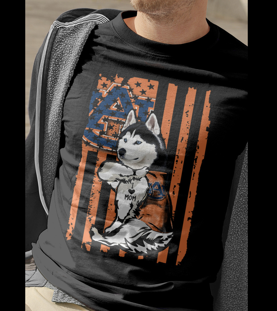 Siberian Husky Auburn Tigers Mom Heart Icon With Orange And Blue Flag T-Shirt
