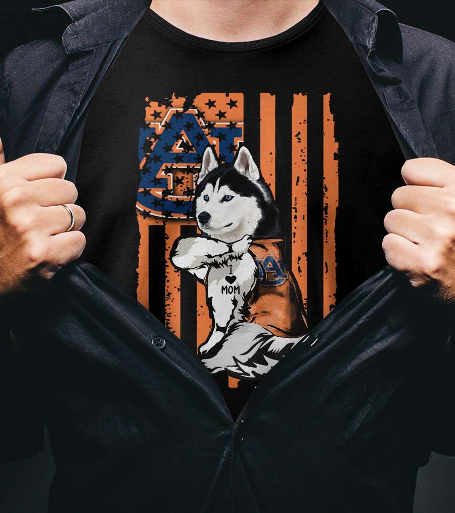Siberian Husky Auburn Tigers Mom Heart Icon With Orange And Blue Flag T-Shirt