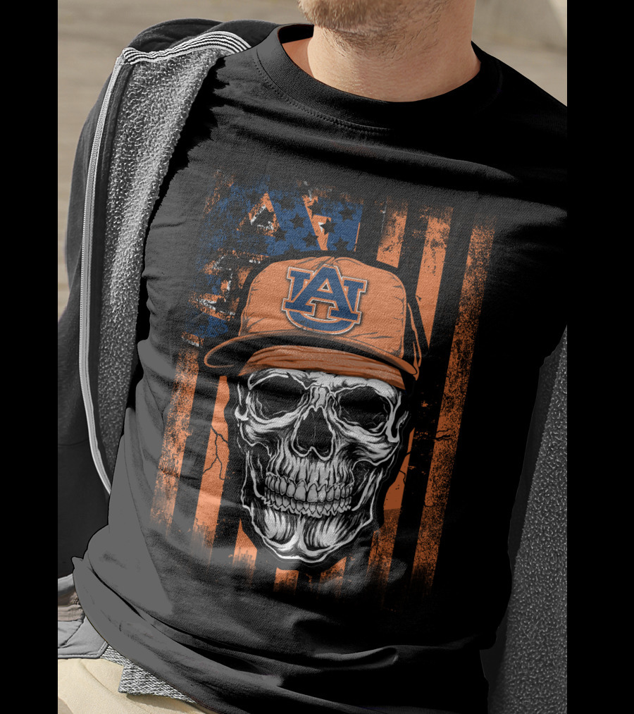 Skull V1 Auburn Tigers Au Logo Hat Orange Striped T-Shirt