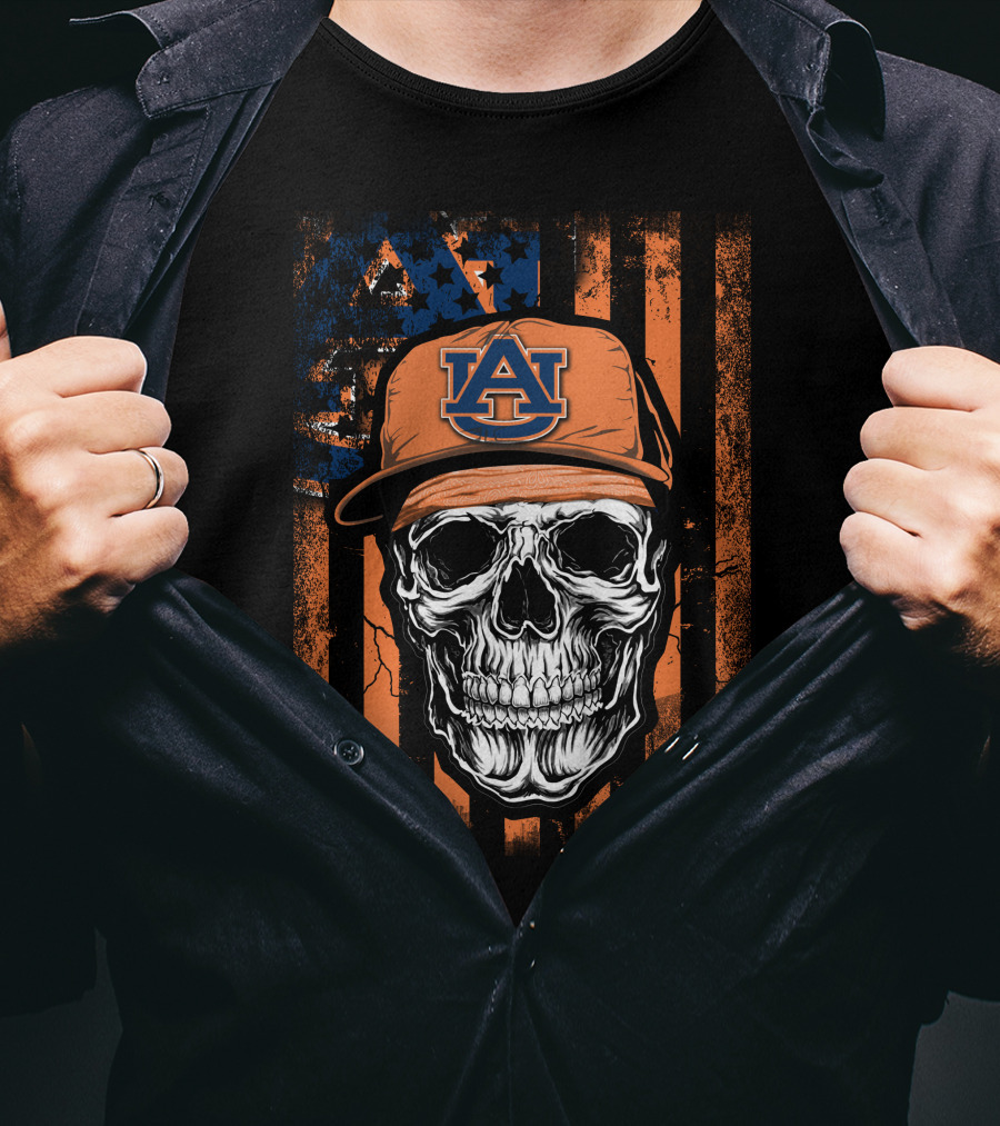 Skull V1 Auburn Tigers Au Logo Hat Orange Striped T-Shirt
