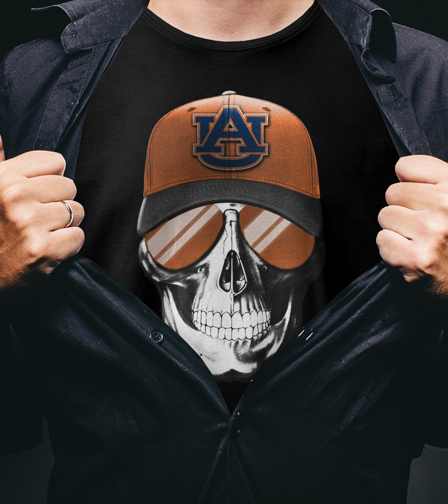 Skull V7 Auburn Tigers Hat And Sunglasses T-Shirt