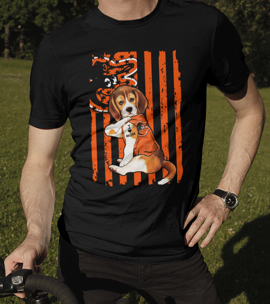 Beagle In Baltimore Orioles Orange With I Love Mom Tattoo And Stars And Stripes Background T-Shirt