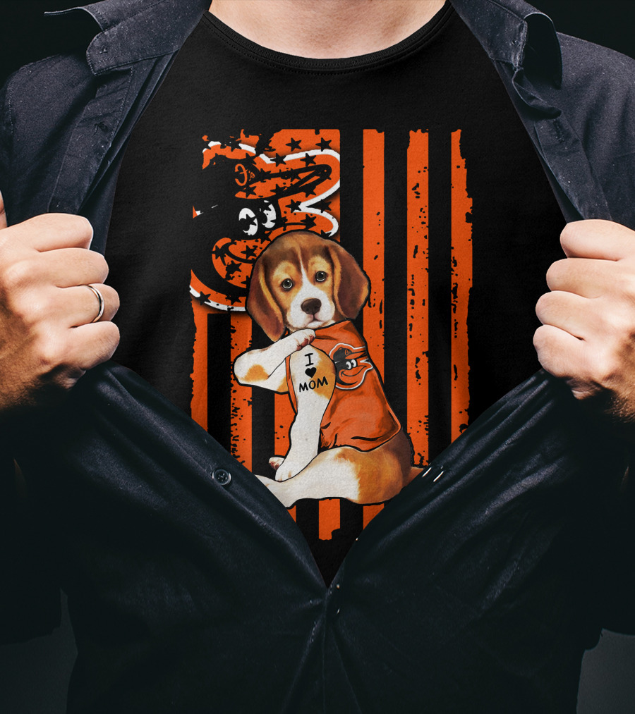 Beagle In Baltimore Orioles Orange With I Love Mom Tattoo And Stars And Stripes Background T-Shirt