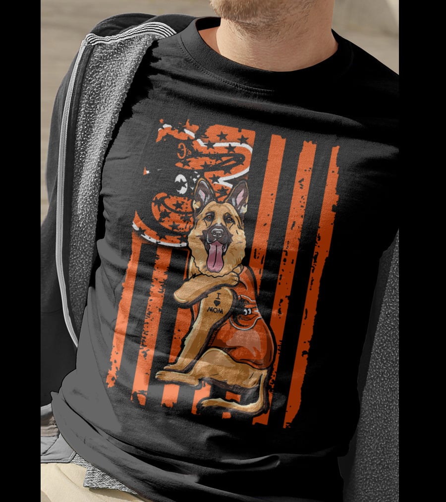 German Shepherd With Baltimore Orioles I Love Mom Tattoo Orange Stripes T-Shirt
