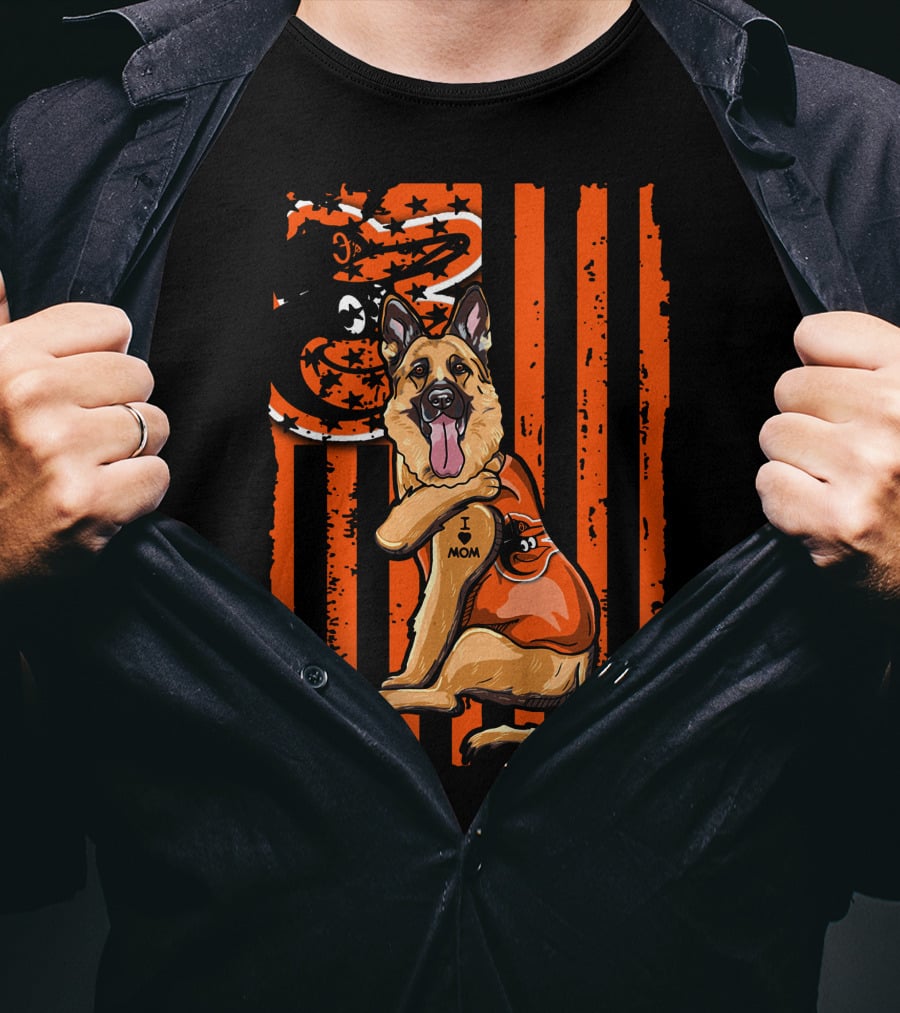 German Shepherd With Baltimore Orioles I Love Mom Tattoo Orange Stripes T-Shirt