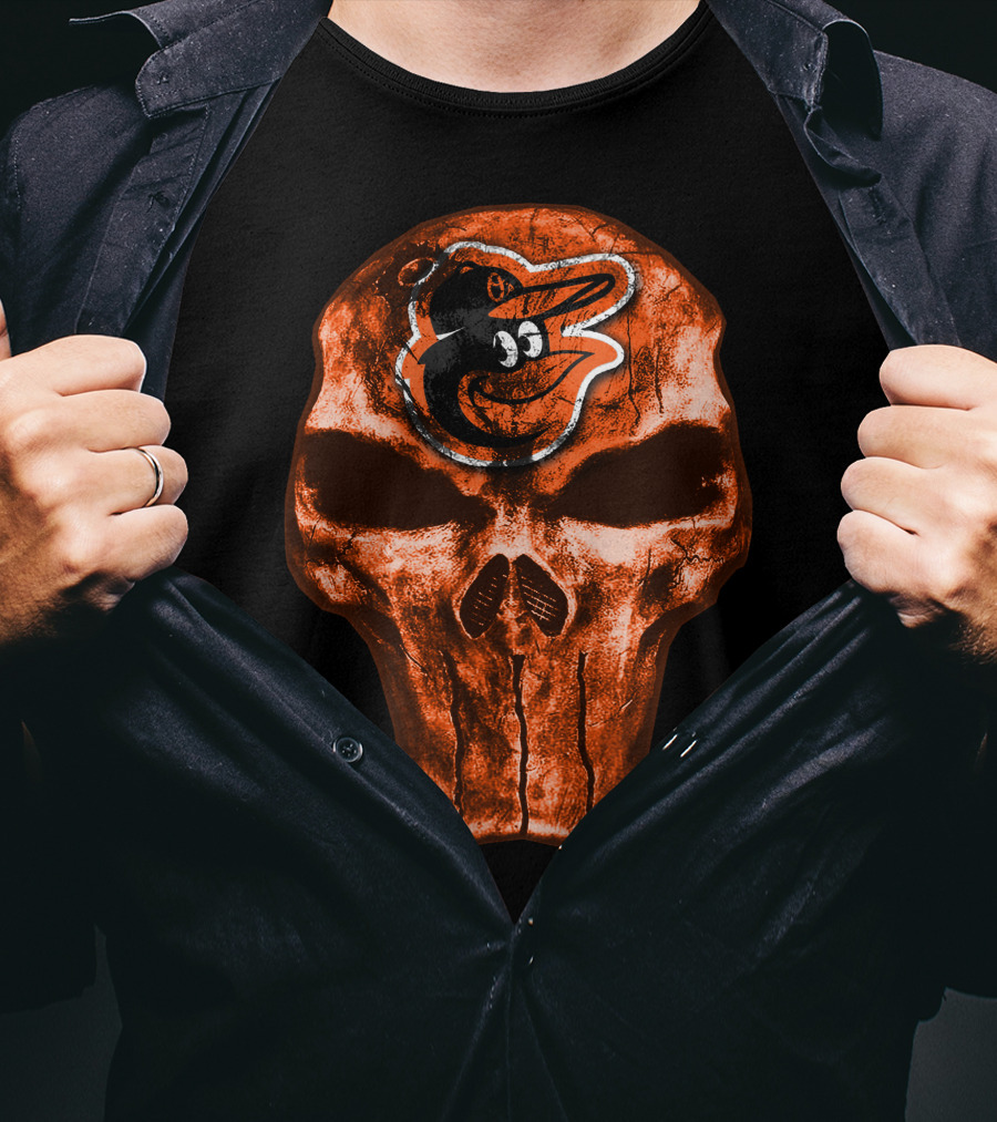 Skull V4 Baltimore Orioles Logo Grunge T-Shirt