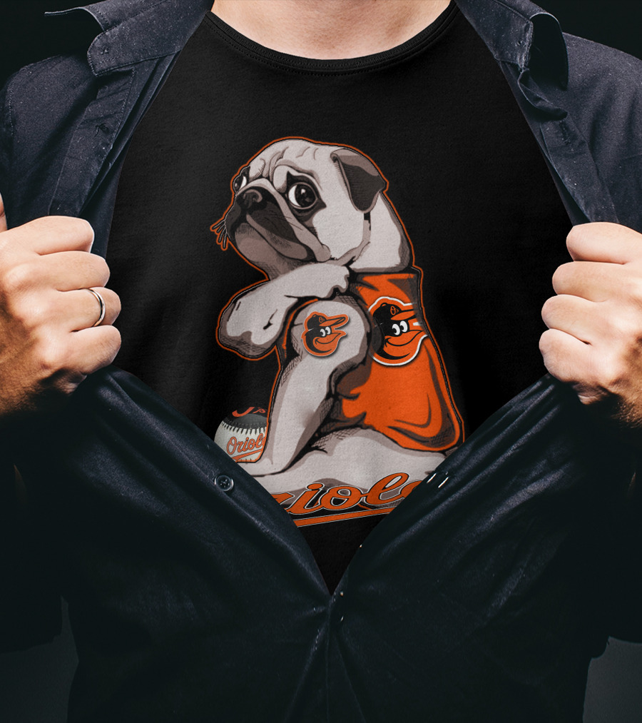Pug Wearing Baltimore Orioles Jersey With Orioles Baseball T-Shirt