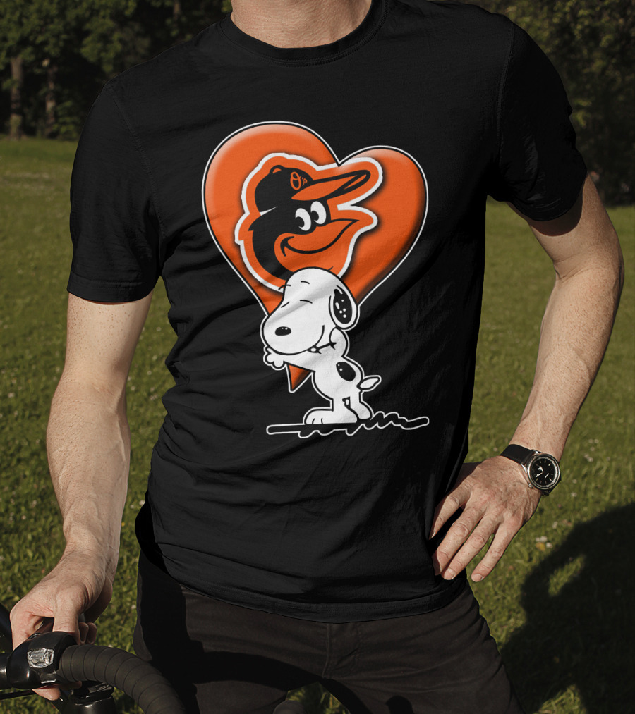 Snoopy Hugging Heart With Baltimore Orioles Bird T-Shirt