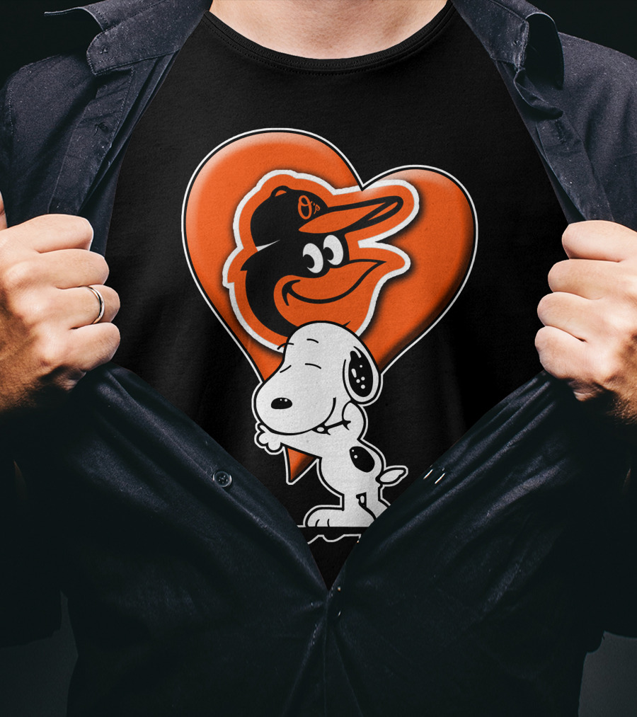 Snoopy Hugging Heart With Baltimore Orioles Bird T-Shirt