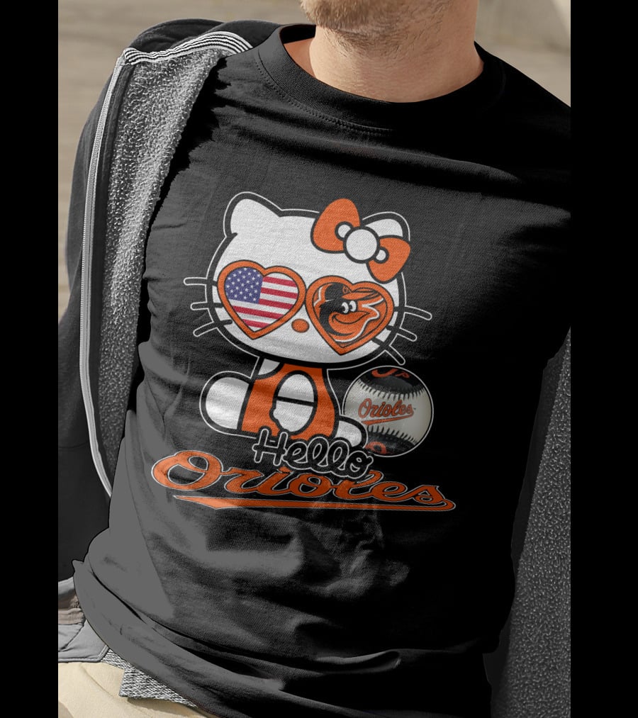 Hello Kitty Orioles Baltimore American Flag Baseball T-Shirt