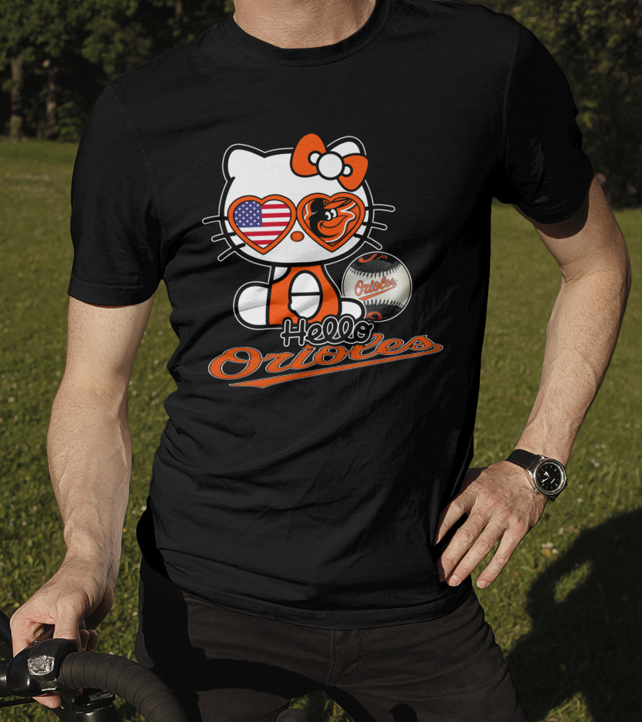Hello Kitty Orioles Baltimore American Flag Baseball T-Shirt