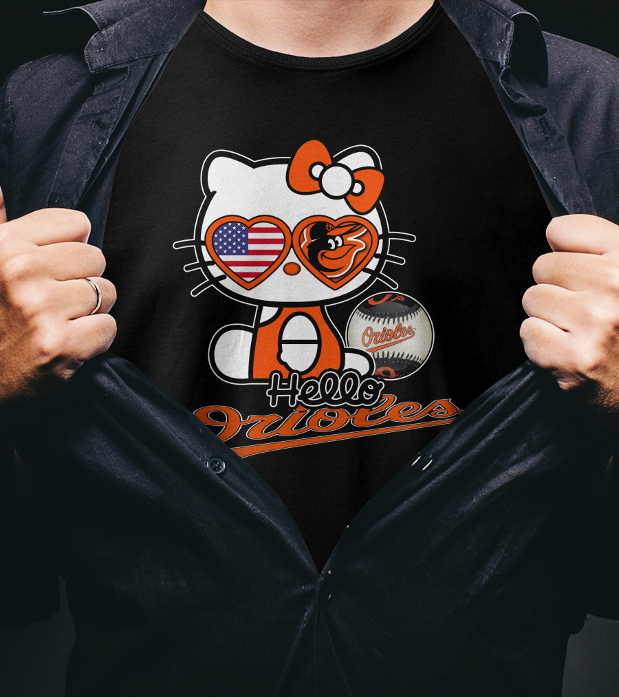 Hello Kitty Orioles Baltimore American Flag Baseball T-Shirt