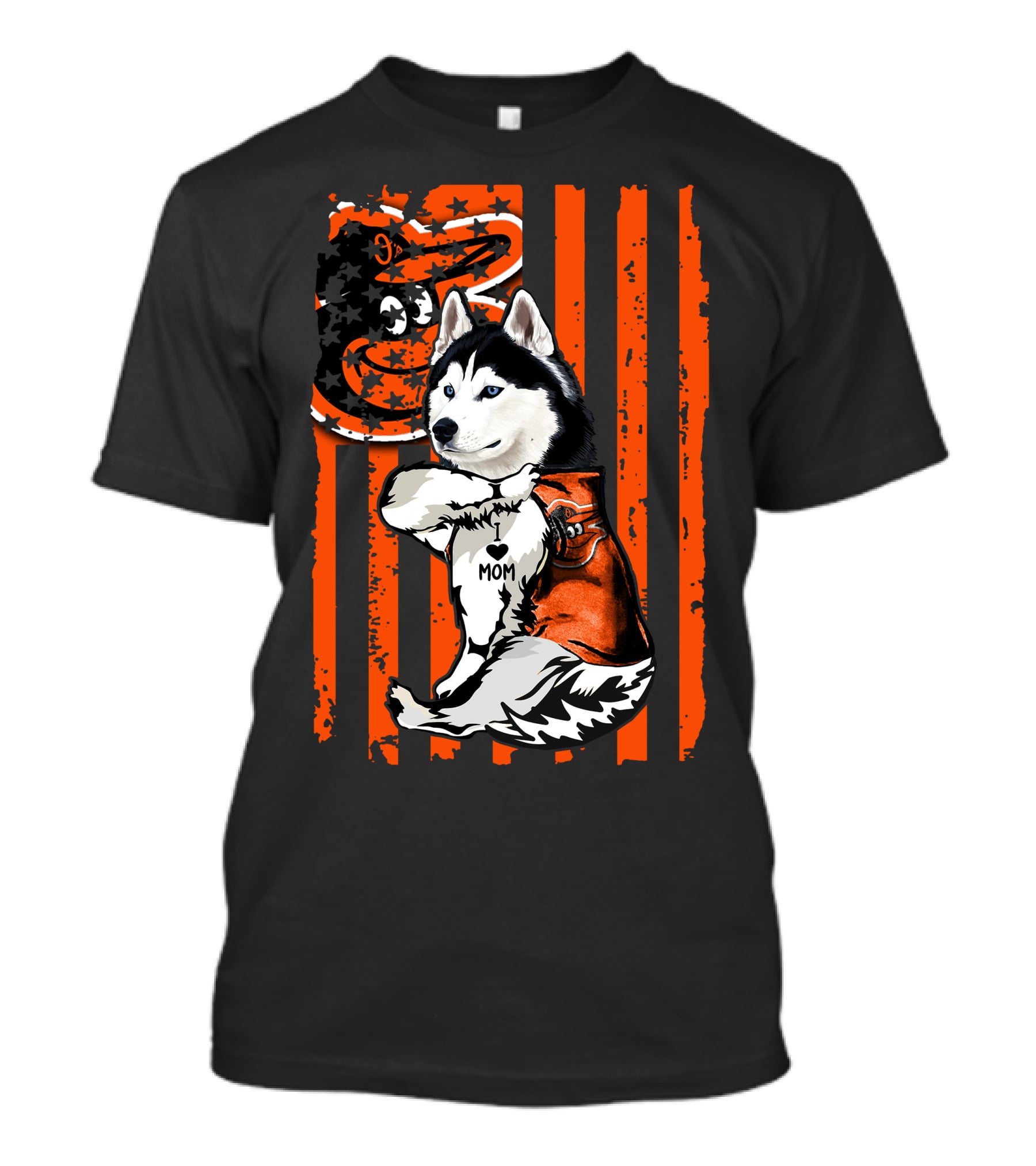 Siberian Husky Baltimore Orioles Dog Mom USA Flag T-Shirt
