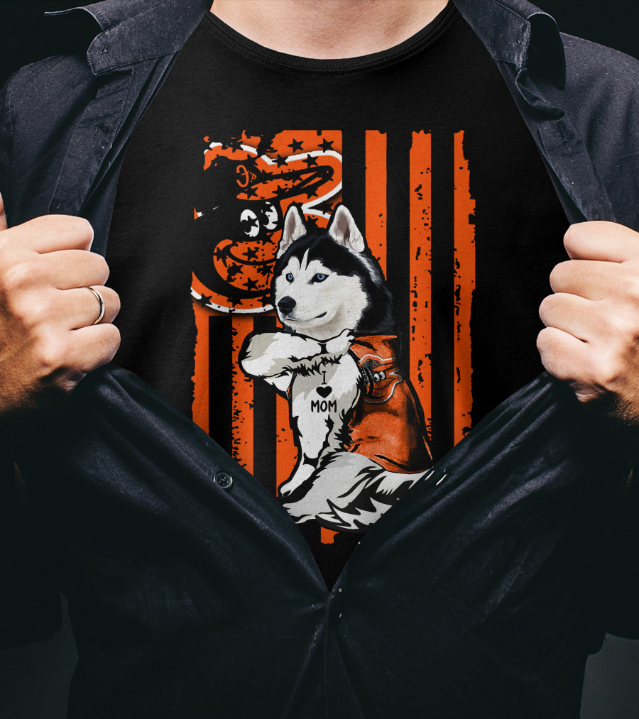 Siberian Husky Baltimore Orioles Dog Mom USA Flag T-Shirt