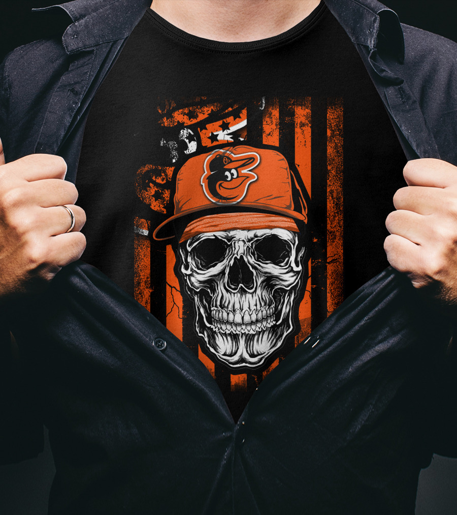 Baltimore Orioles Skull With Logo Cap T-Shirt