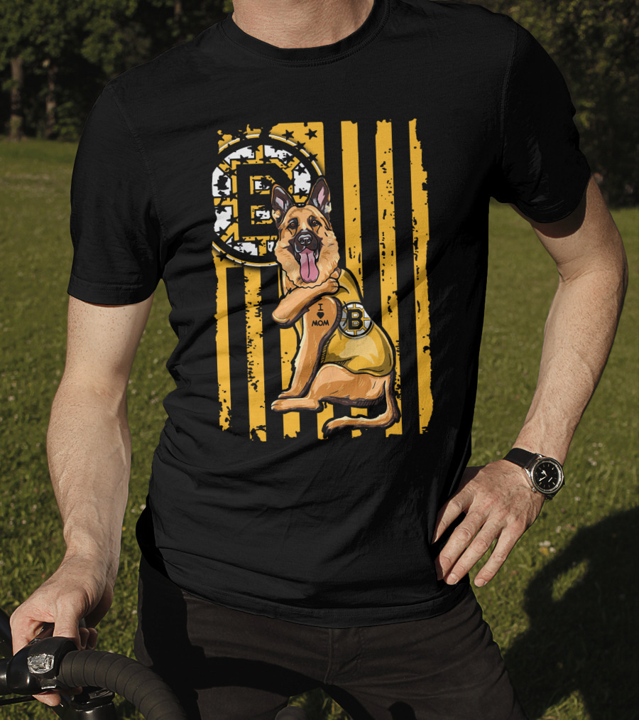 German Shepherd I Love Mom Boston Bruins Hockey Fan T-Shirt