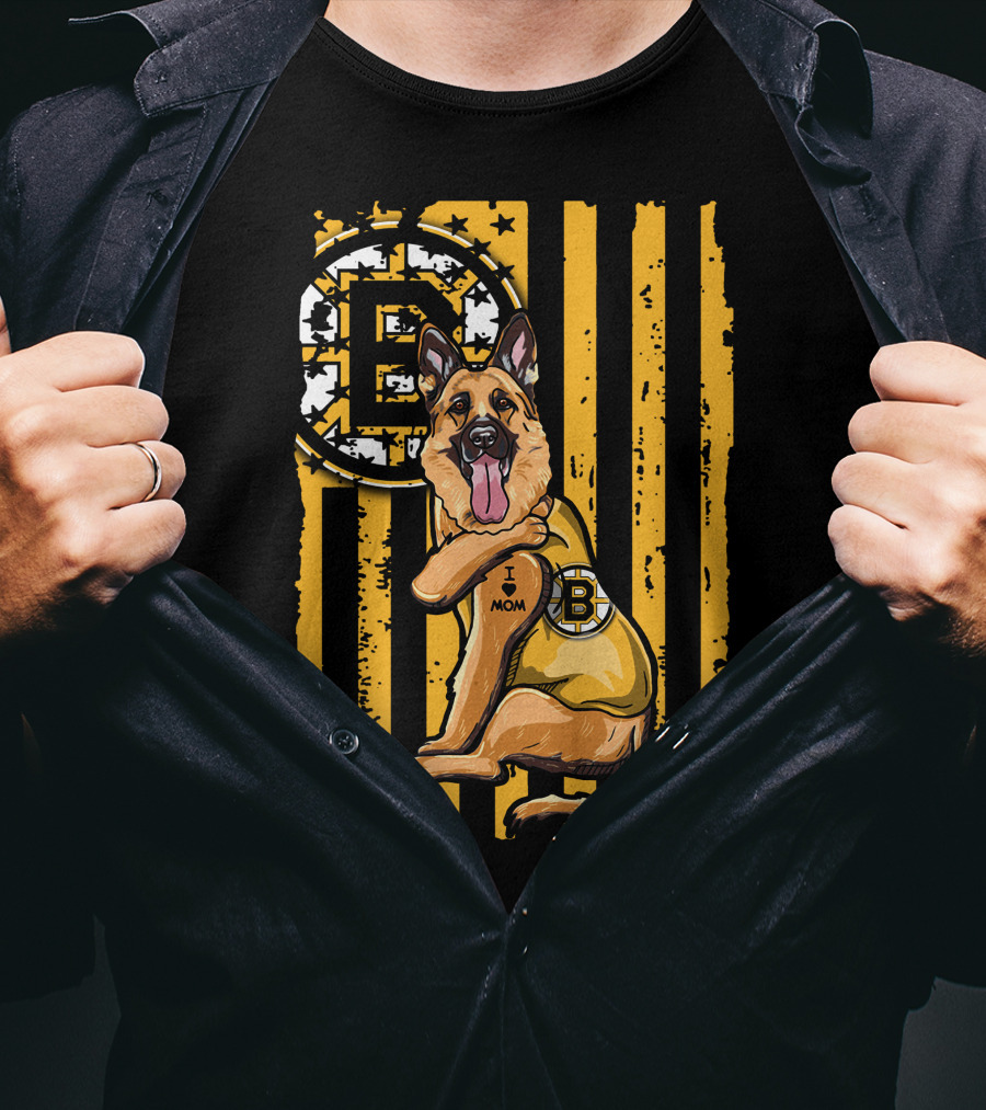 German Shepherd I Love Mom Boston Bruins Hockey Fan T-Shirt