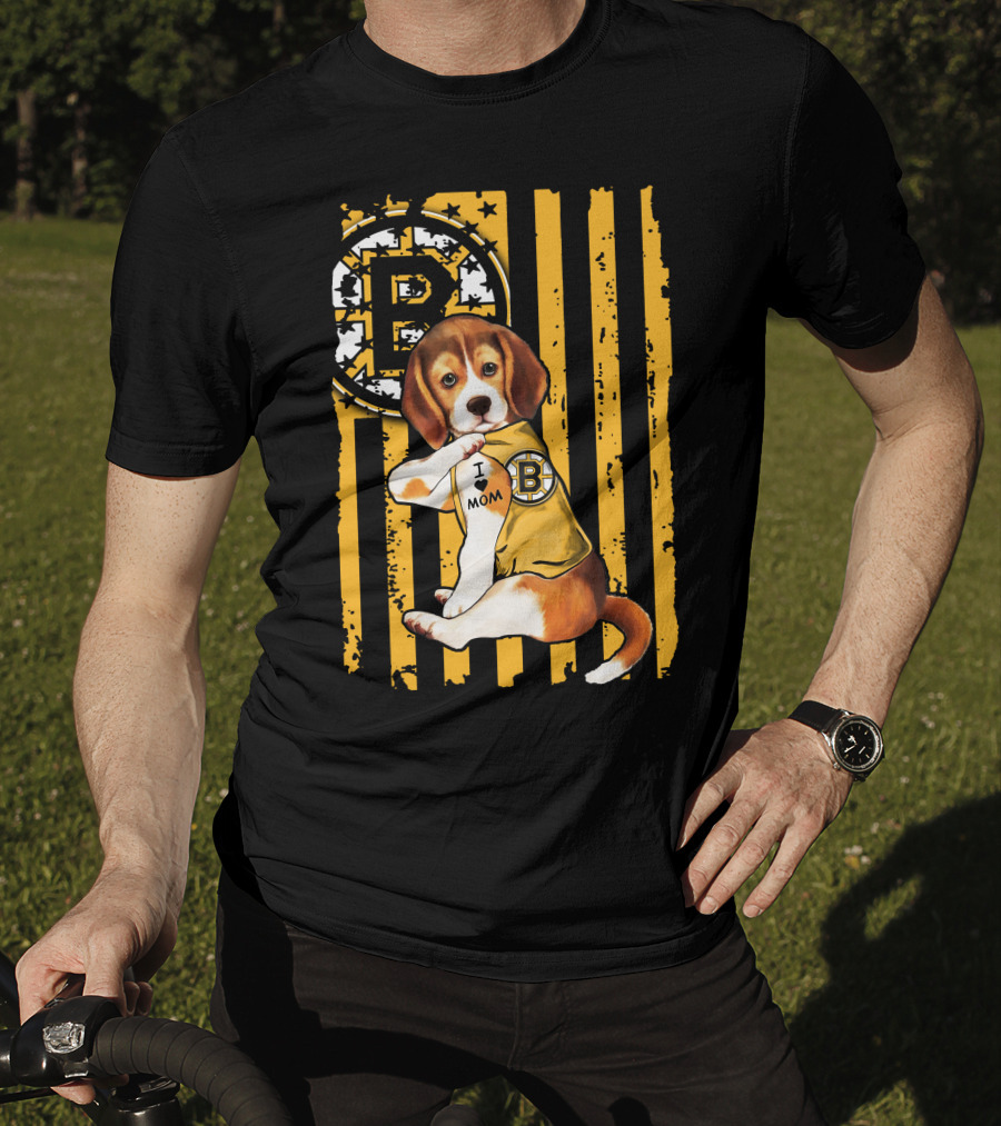 Beagle Puppy I Love Mom Boston Bruins Fan T-Shirt