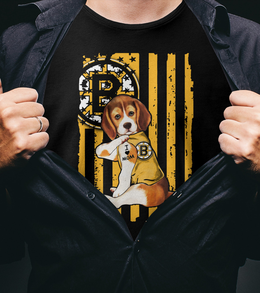 Beagle Puppy I Love Mom Boston Bruins Fan T-Shirt