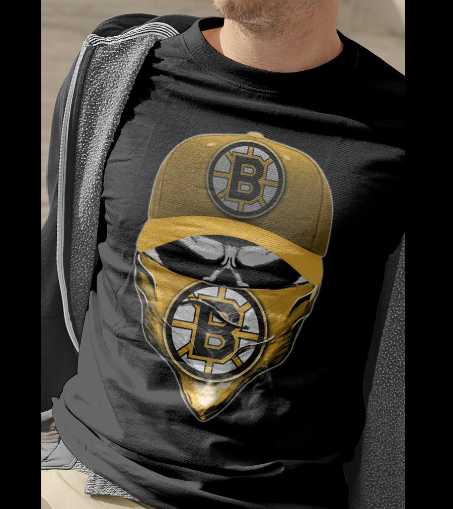 Skull Boston Bruins Logo Cap Mask T-Shirt