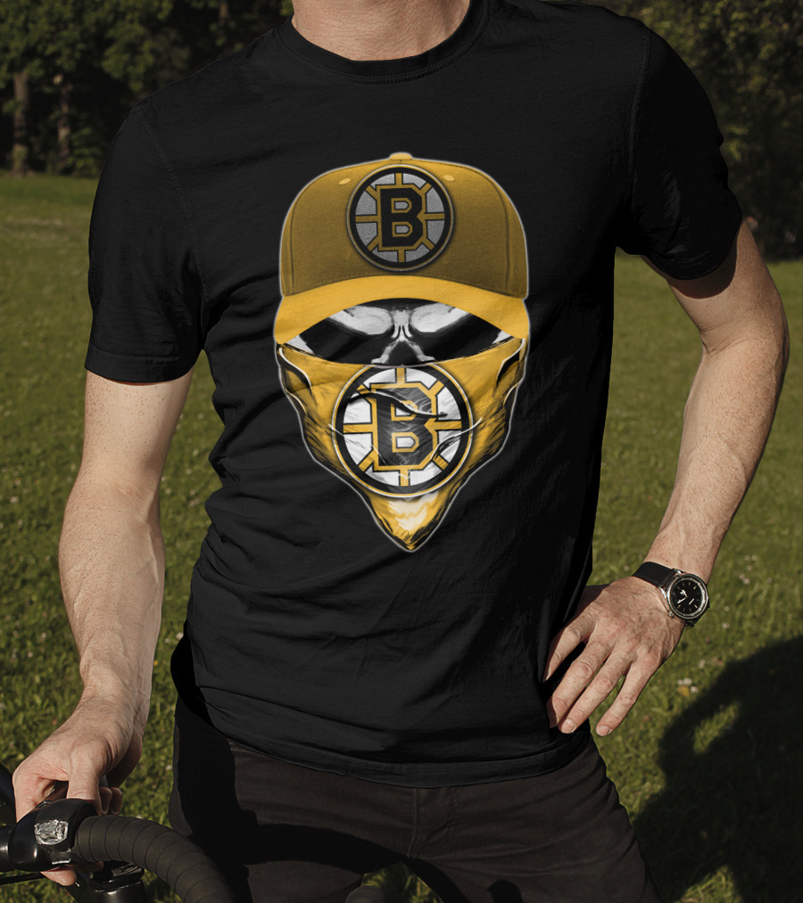 Skull Boston Bruins Logo Cap Mask T-Shirt