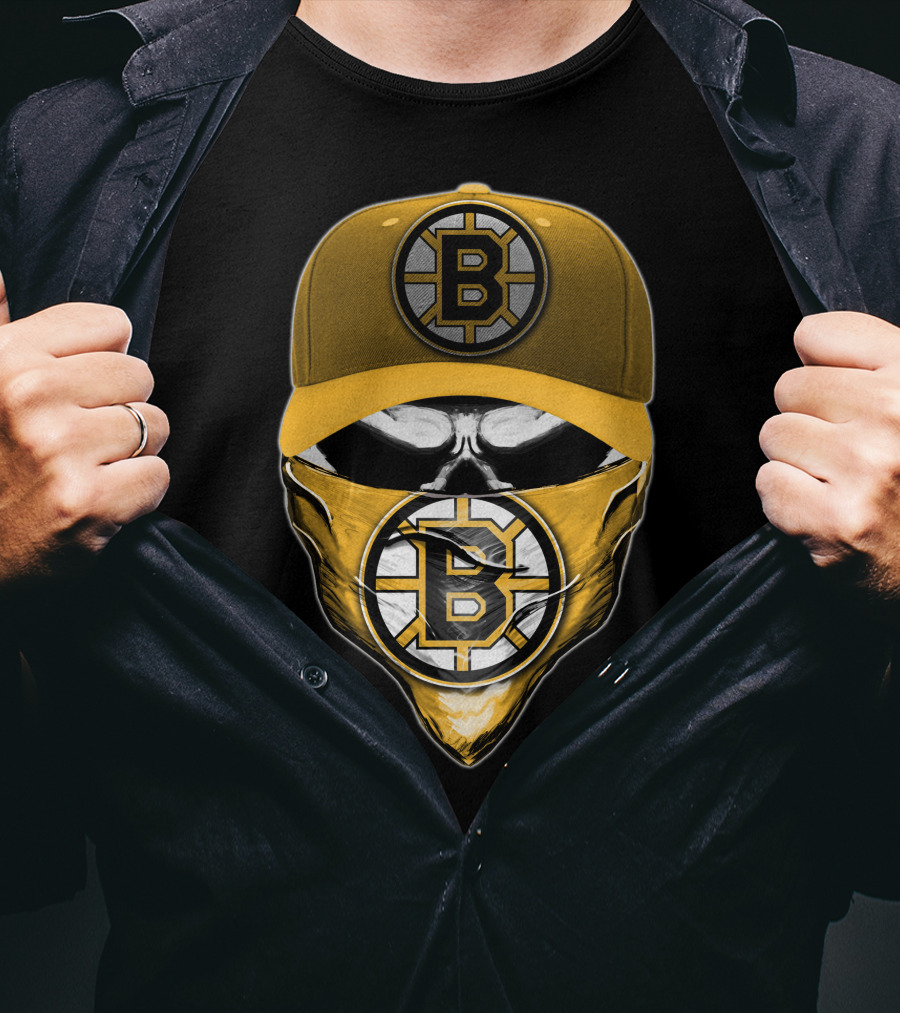 Skull Boston Bruins Logo Cap Mask T-Shirt