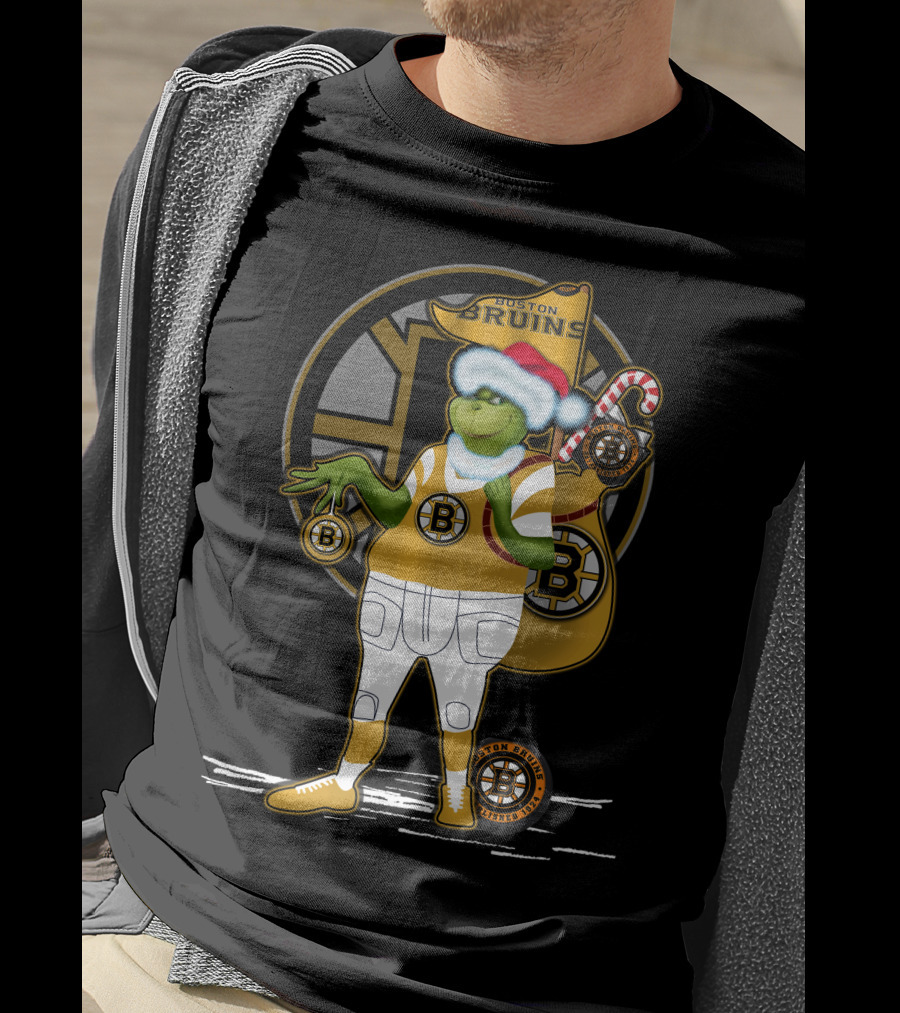 Grinch Boston Bruins Santa Hat Candy Cane Bruins T-Shirt