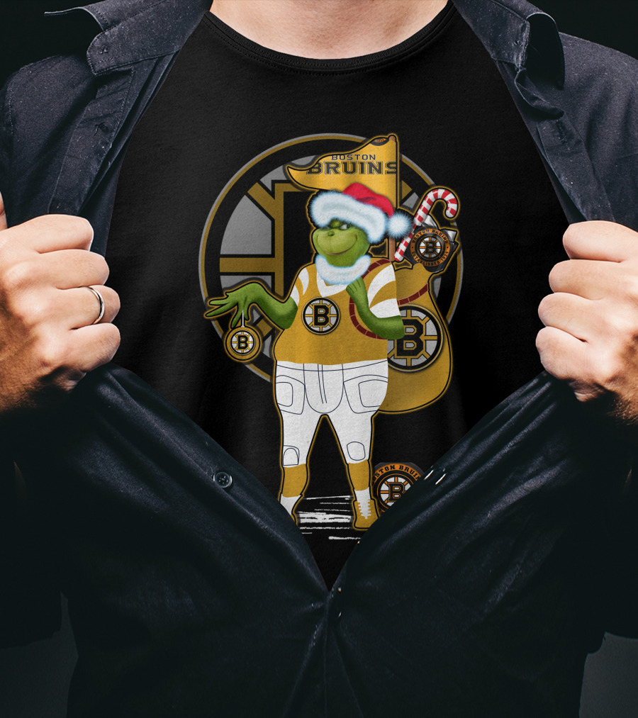Grinch Boston Bruins Santa Hat Candy Cane Bruins T-Shirt