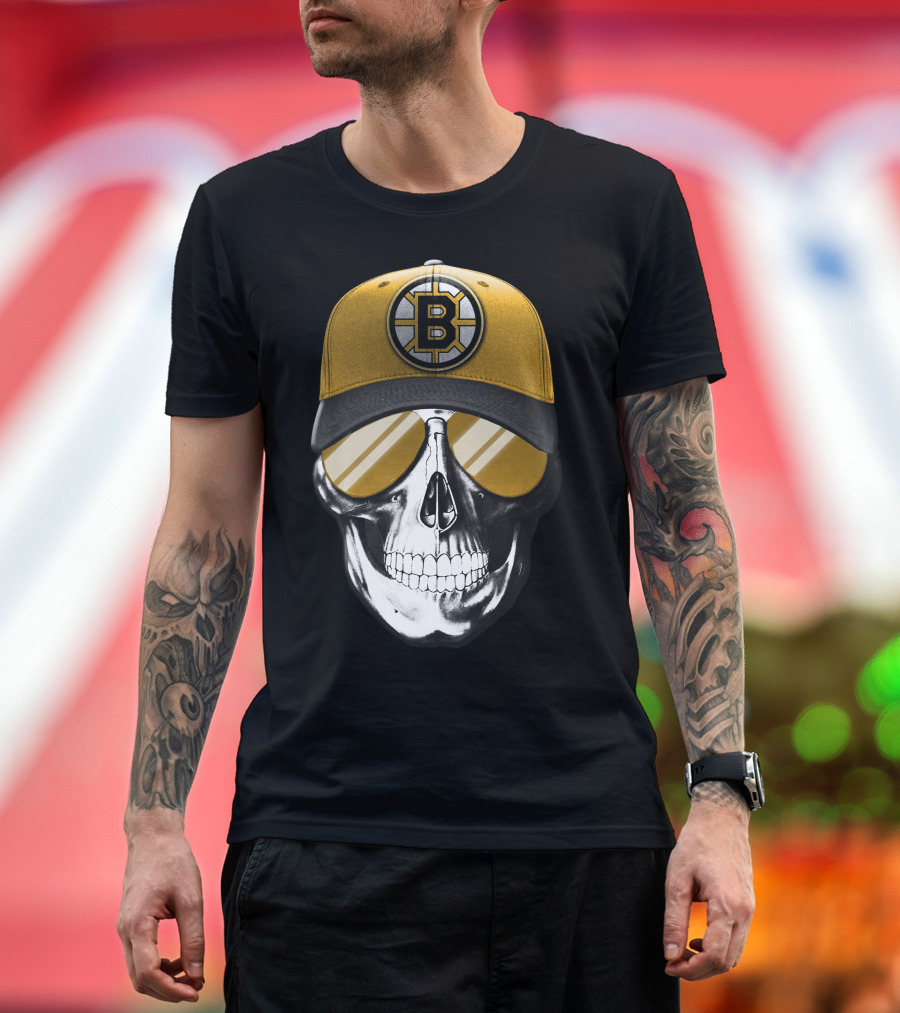 Skull in Yellow Boston Bruins Cap and Sunglasses T-Shirt