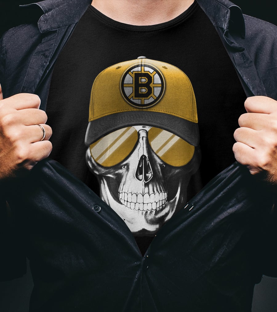 Skull In Yellow Boston Bruins Cap And Sunglasses T-Shirt