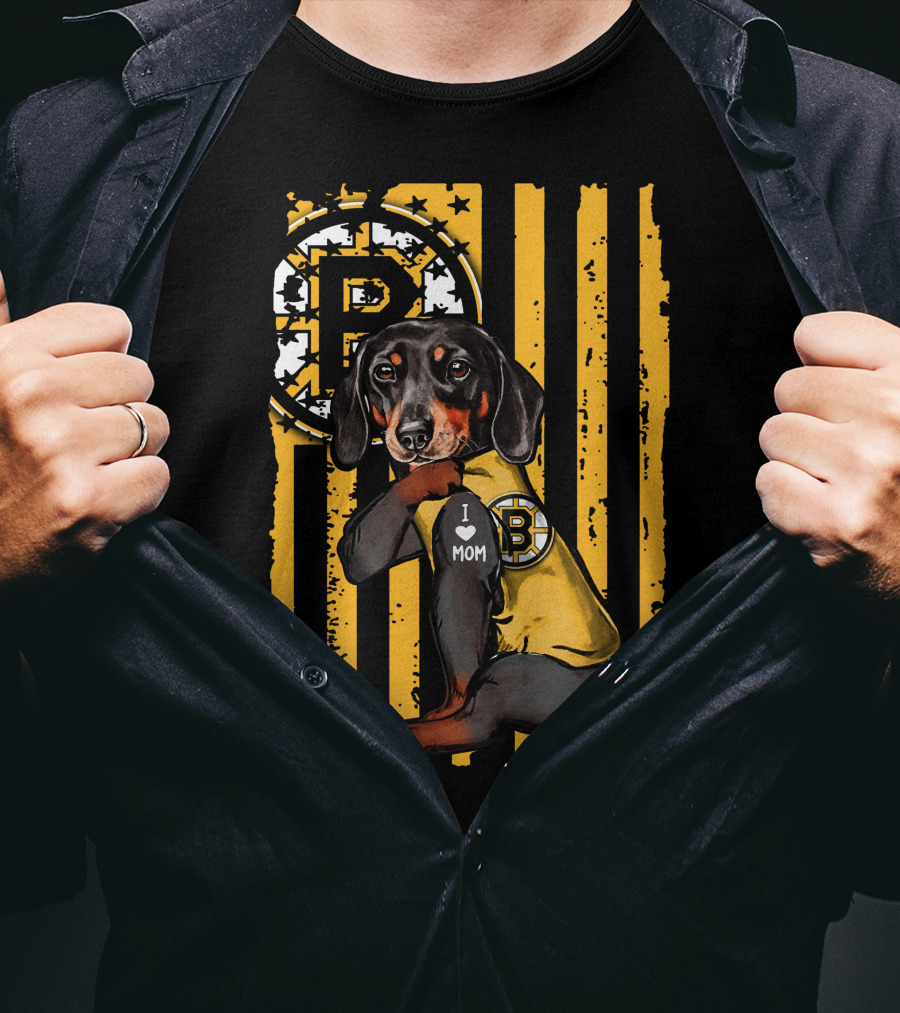 Dachshund I Love Mom Boston Bruins Stripes T-Shirt