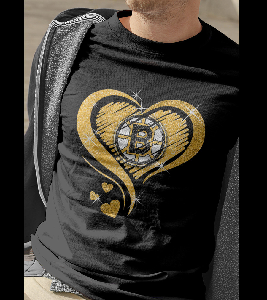 Boston Bruins Heart Glitter Logo Diamond T-Shirt
