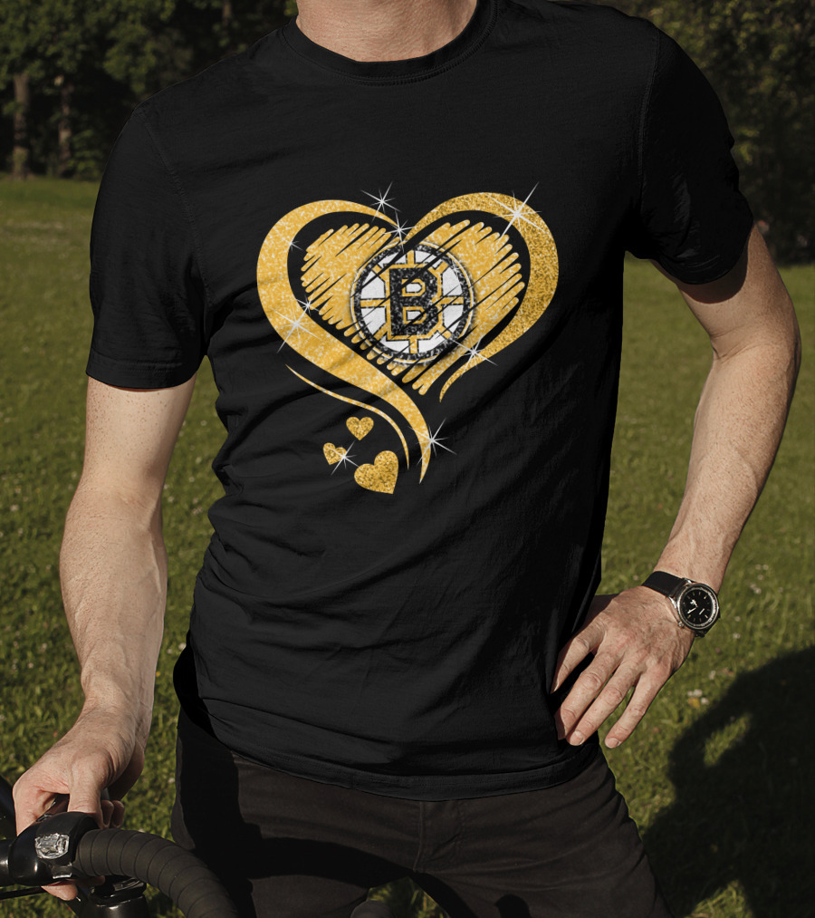 Boston Bruins Heart Glitter Logo Diamond T-Shirt