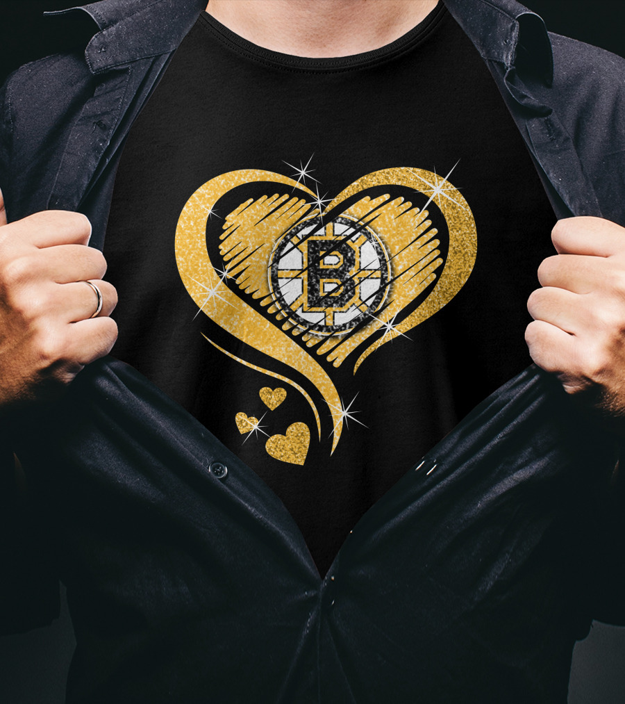 Boston Bruins Heart Glitter Logo Diamond T-Shirt