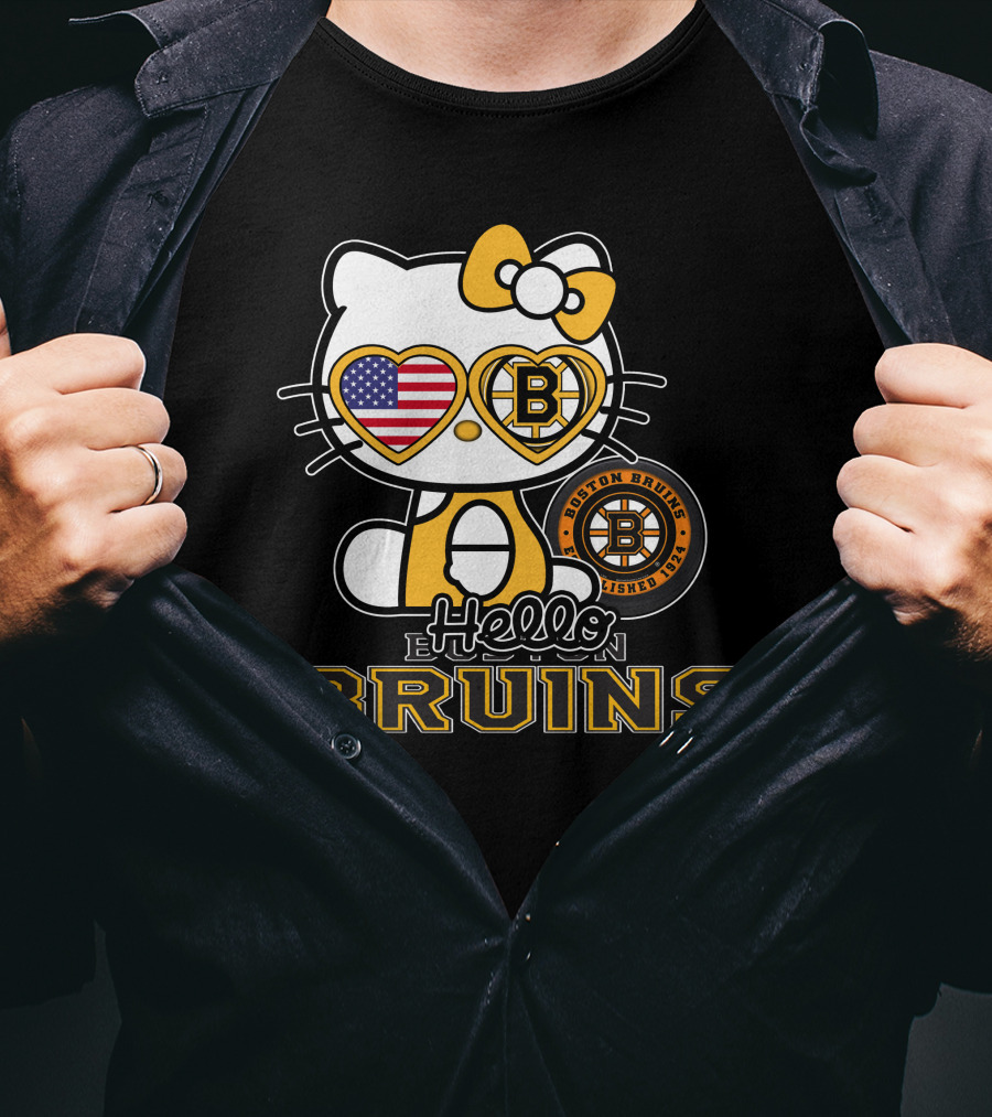 Hello Kitty Boston Bruins Established 1924 USA Flag Heart Sunglasses T-Shirt