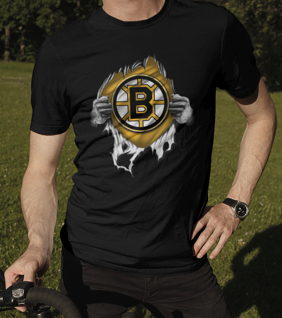 Torn Boston Bruins Hockey Emblem Revealed By Ripping Hands T-Shirt
