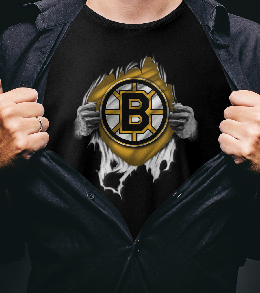 Torn Boston Bruins Hockey Emblem Revealed By Ripping Hands T-Shirt