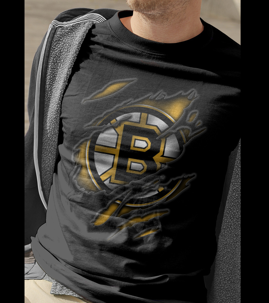 Torn Boston Bruins Logo Emblem Ripped Claw Marks T-Shirt