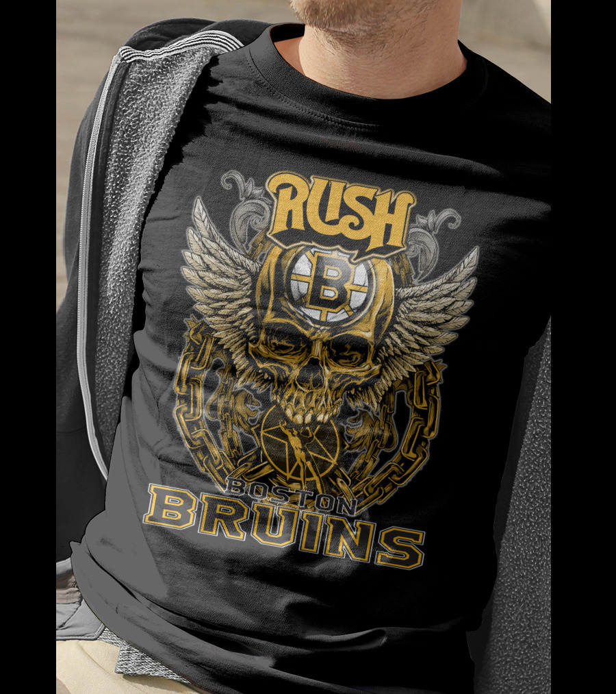 RUSH Boston Bruins Skull Wings Hockey Chains T-Shirt