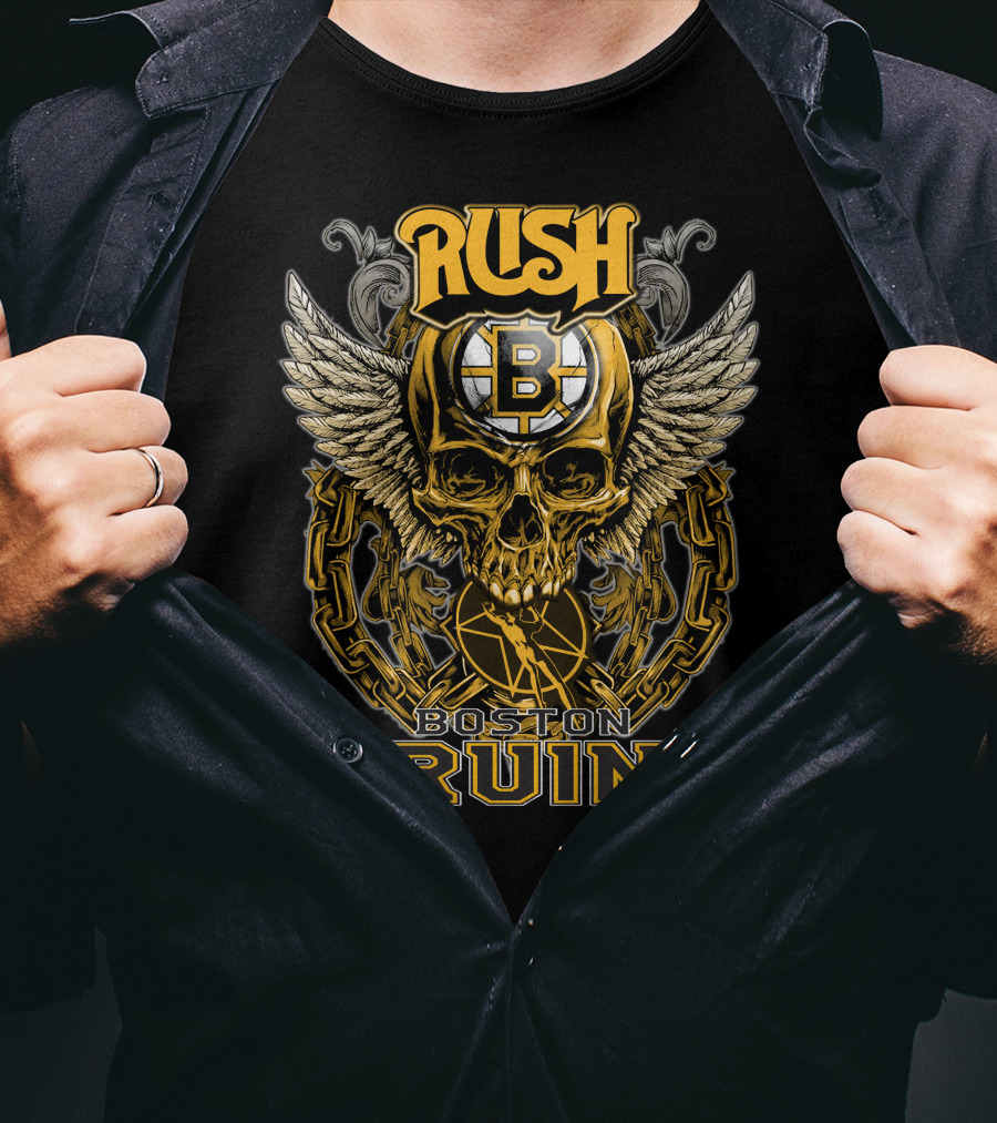 RUSH Boston Bruins Skull Wings Hockey Chains T-Shirt