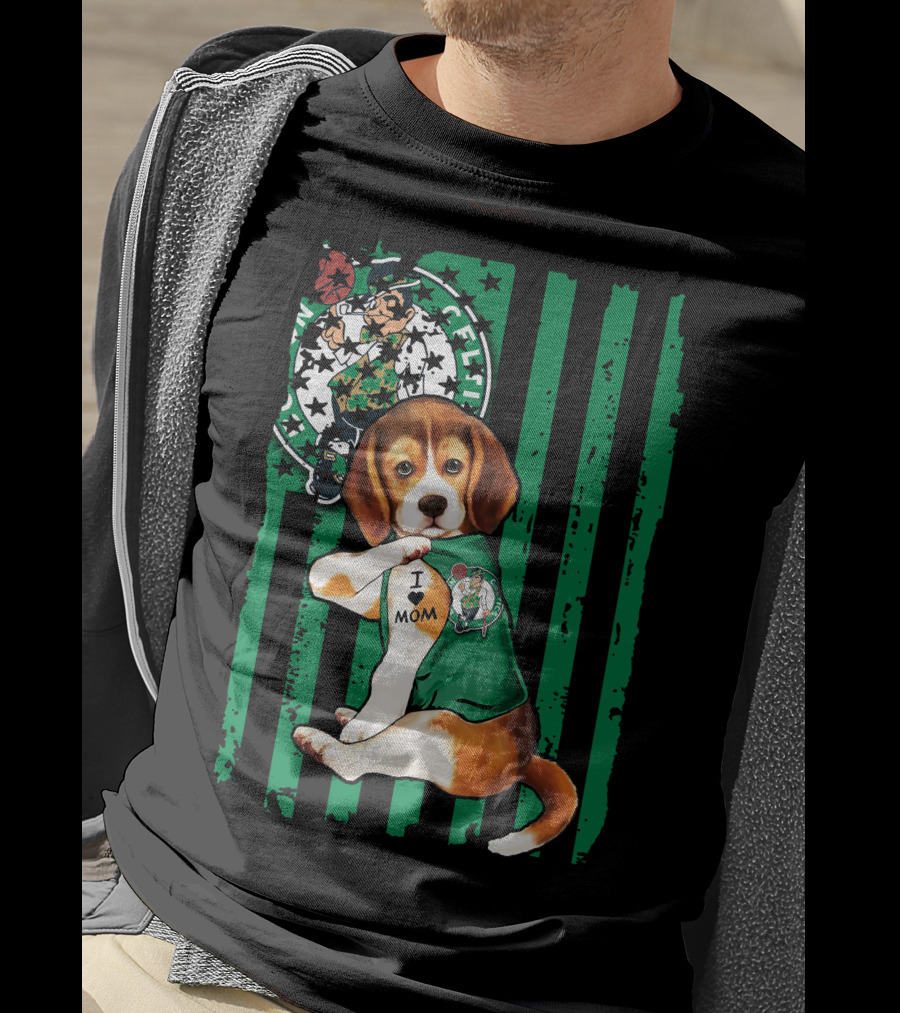 Beagle I Love Mom Boston Celtics Green Stripes T-Shirt