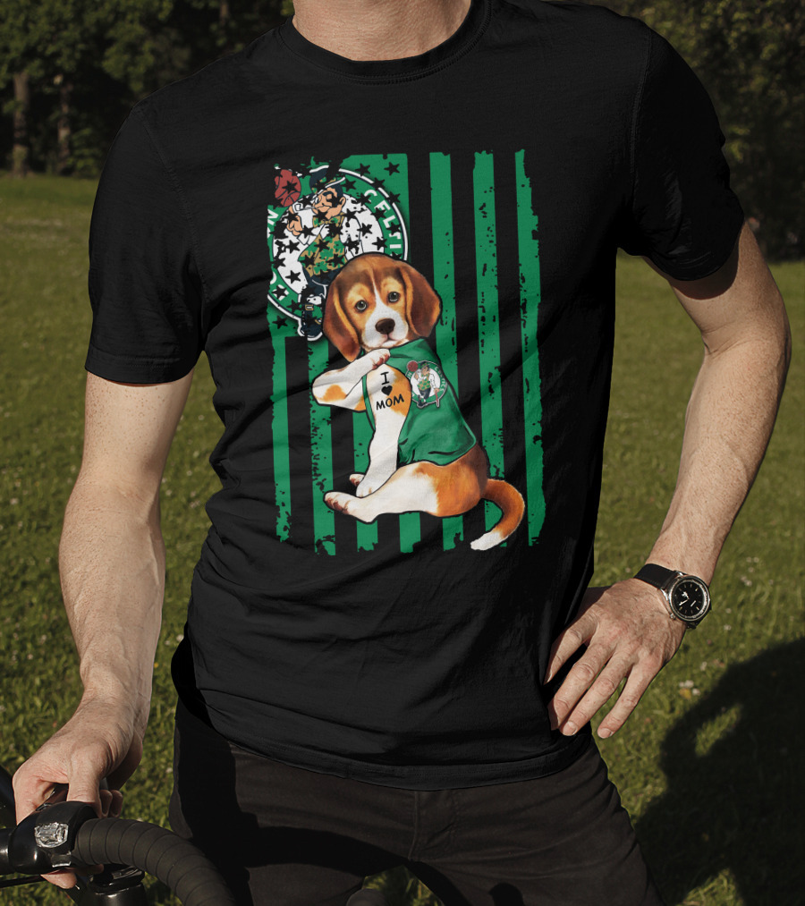 Beagle I Love Mom Boston Celtics Green Stripes T-Shirt