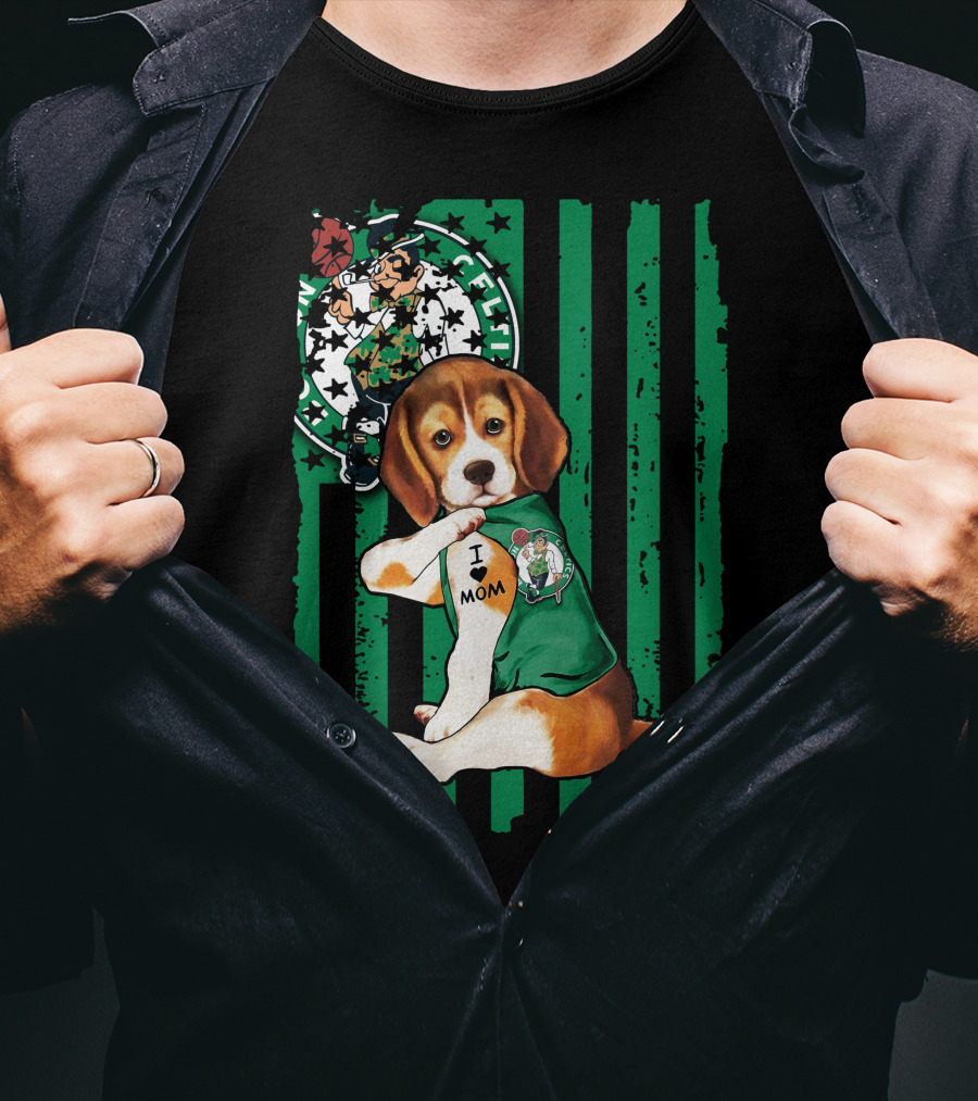 Beagle I Love Mom Boston Celtics Green Stripes T-Shirt