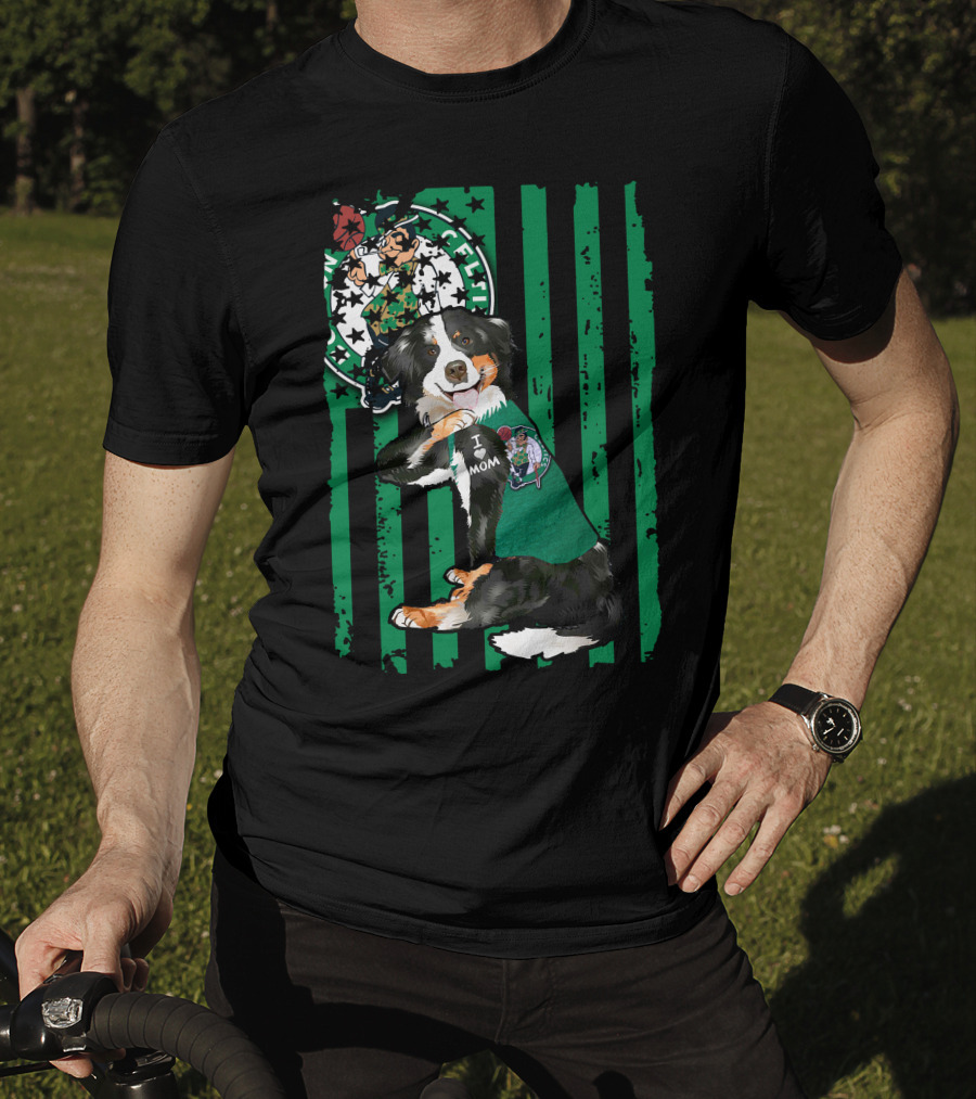 Border Collie I Love Mom Boston Celtics T-Shirt