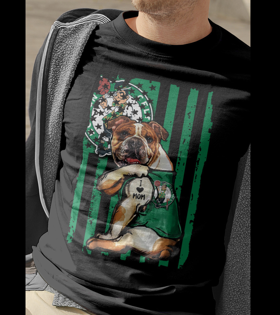 Bulldog Boston Celtics I Love Mom Green Stripes Basketball T-Shirt