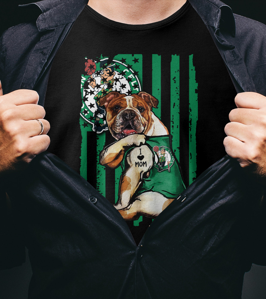 Bulldog Boston Celtics I Love Mom Green Stripes Basketball T-Shirt